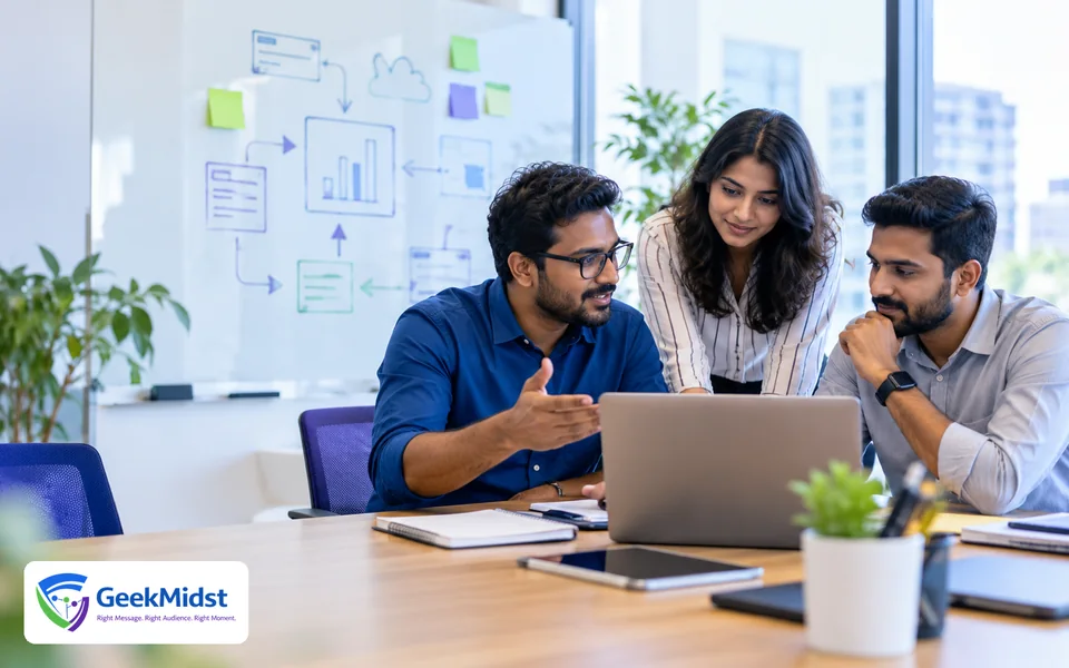 Three consultants discussing a solution at a laptop, with a process sketch on the whiteboard behind them